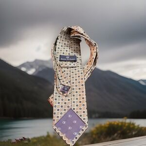 Daniel De Fasson 100% Silk Handmade‎ Tie Geometric Pattern Gold Blue Dad Wedding